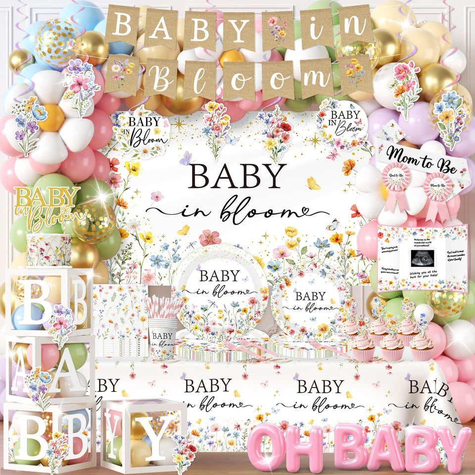 Peghoqu Baby in Bloom banner set creates a soft, floral backdrop for a baby shower.