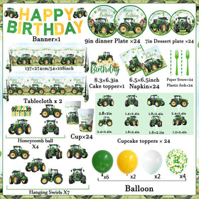 Peghoqu green tractor tablecloth helps protect surfaces in a farm party