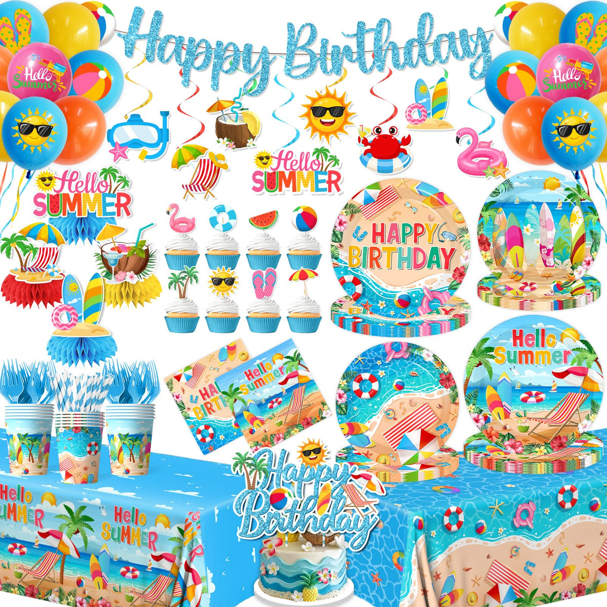 Peghoqu Happy Birthday banner adds a bright focal point for a beach party.