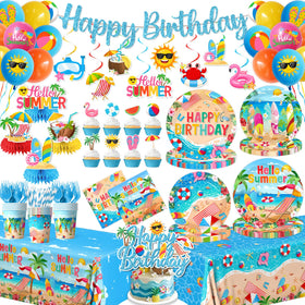 Peghoqu Happy Birthday banner adds a bright focal point for a beach party.