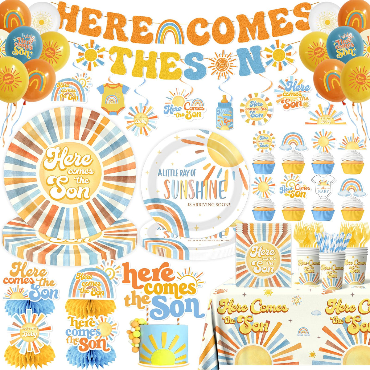 Peghoqu Here Comes The Sun banner in sunny palette, ideal baby shower welcome.