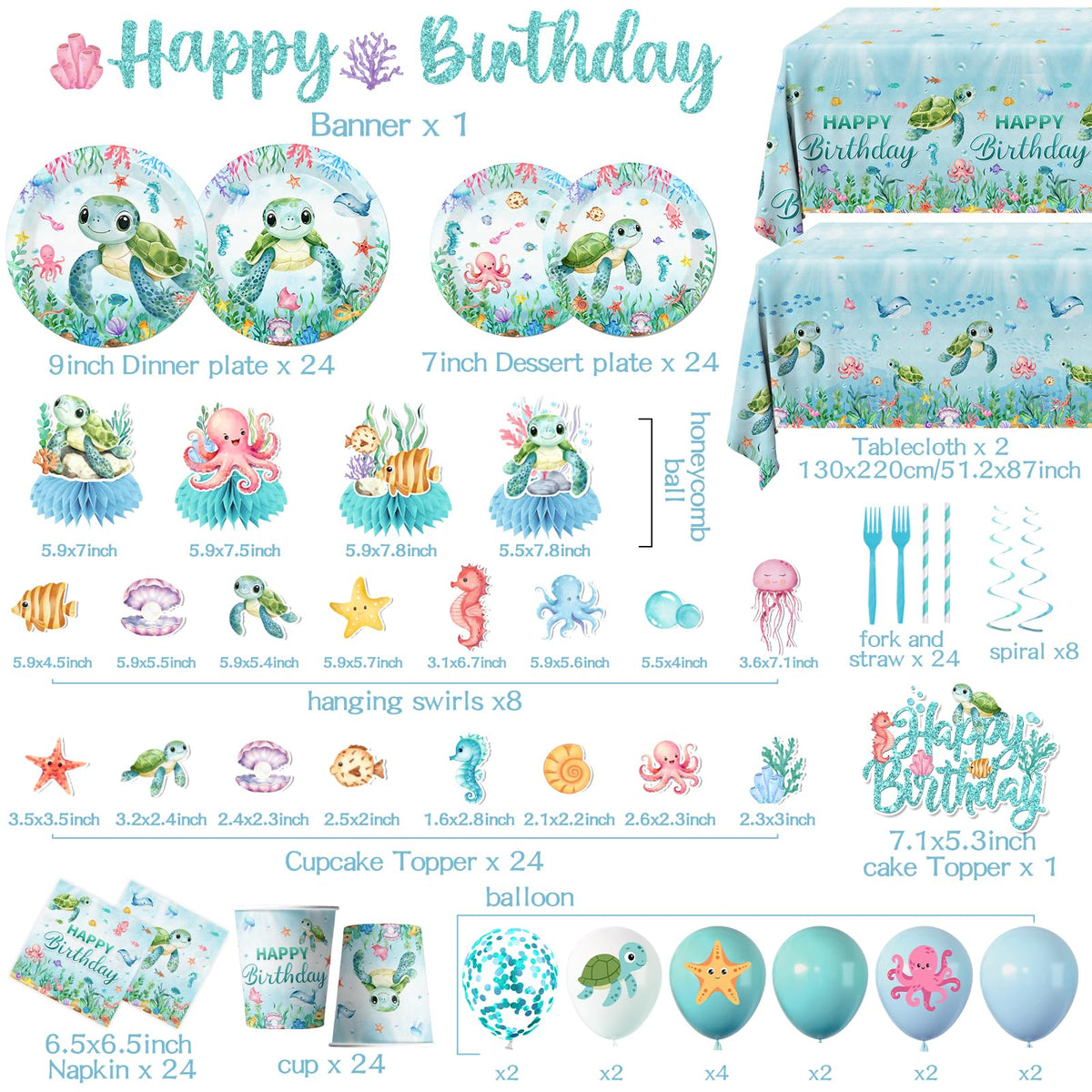 Peghoqu undersea tablecloth teal ties the ocean theme to your table.