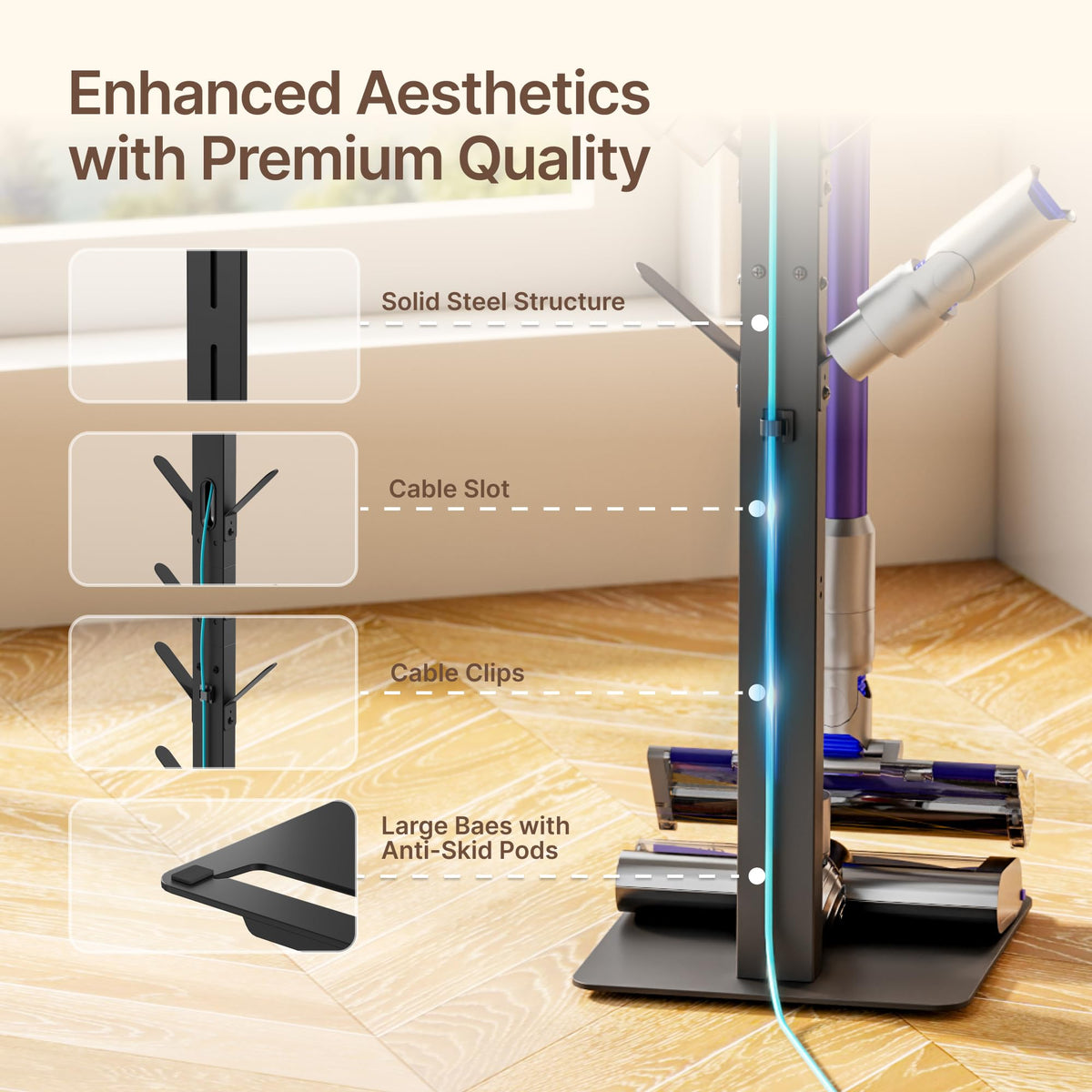 PEGZONE stand highlights cable management to keep cords tidy.