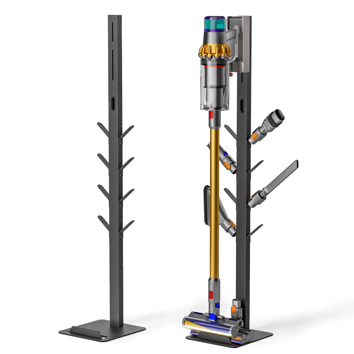 PEGZONE vacuum stand demonstrates Dyson compatibility with a sturdy metal frame for stable storage.