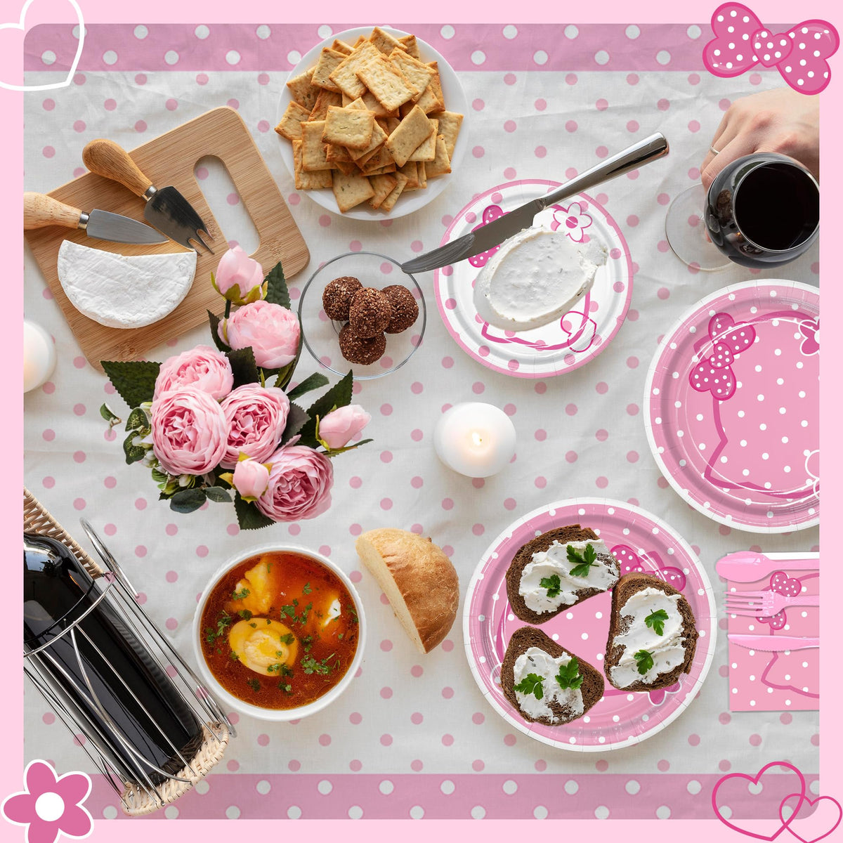 Peiking pink kittens tablecloth ties the theme together
