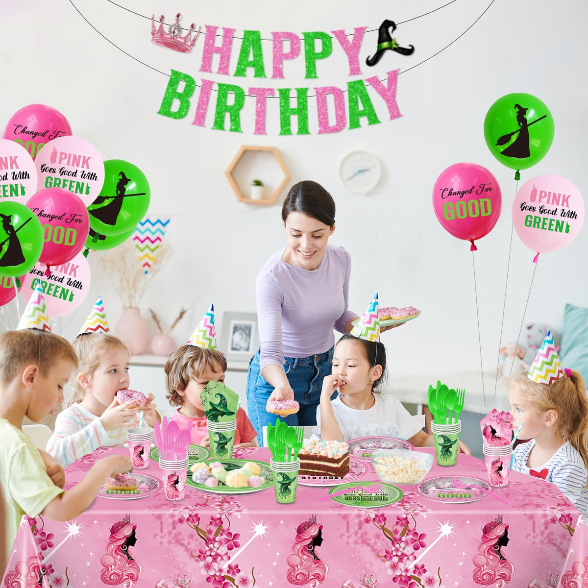 Pekeng cartoon tablecloth in pink and green for cohesive decor