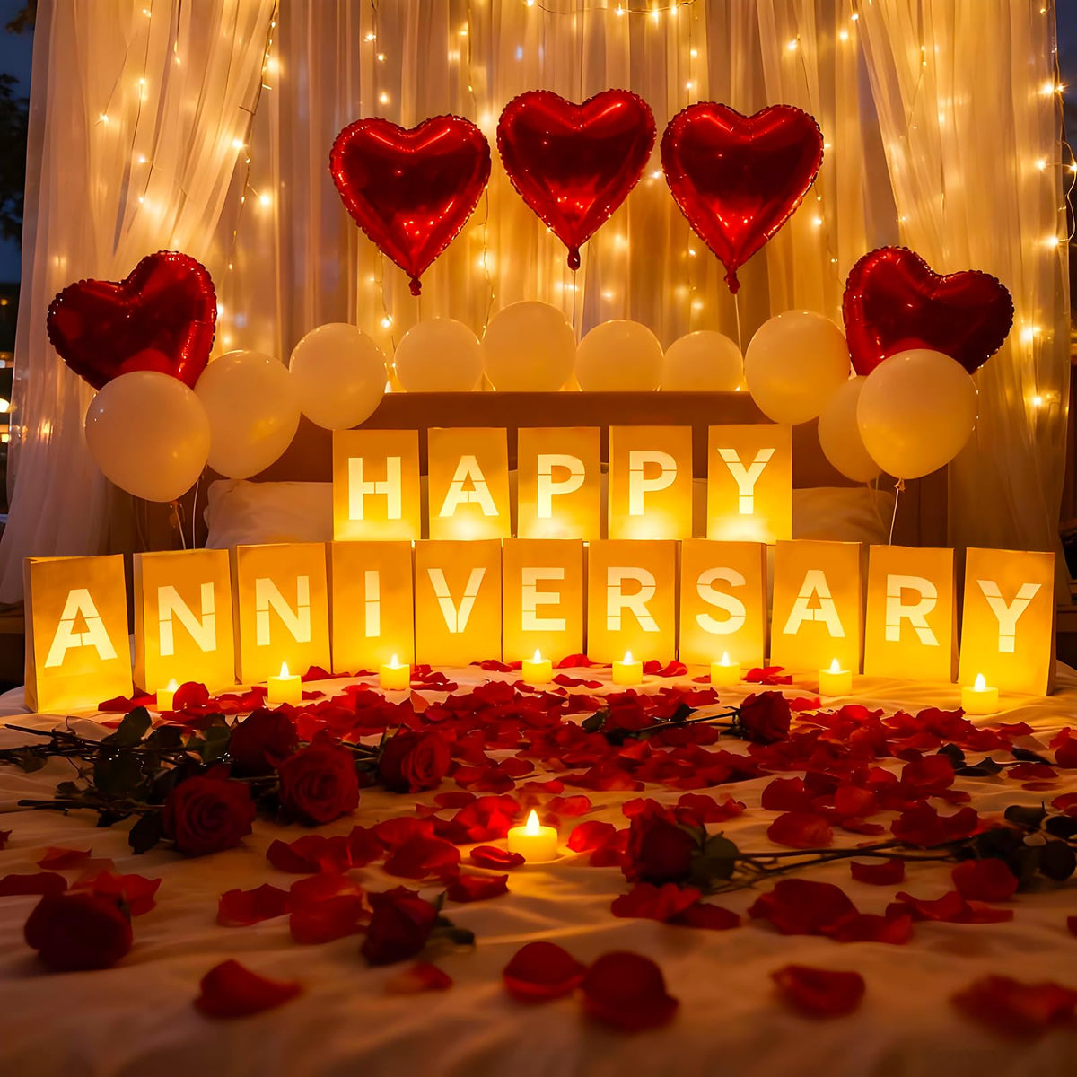 Peledic Happy Anniversary letters lit sign illuminate a romantic setting