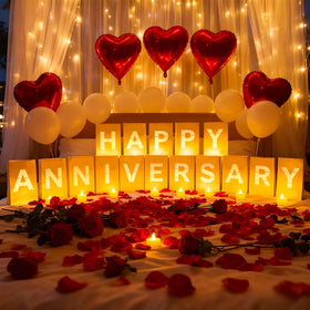 Peledic Happy Anniversary letters lit sign illuminate a romantic setting