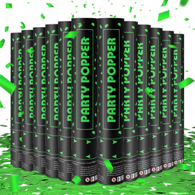pemuise party popper with green confetti cannon bursting upward for celebrations