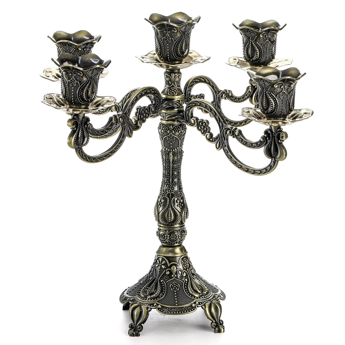 Peohud 5-candle metal candelabra, 10-inch height, ideal for formal tables and romance-friendly ambiance.