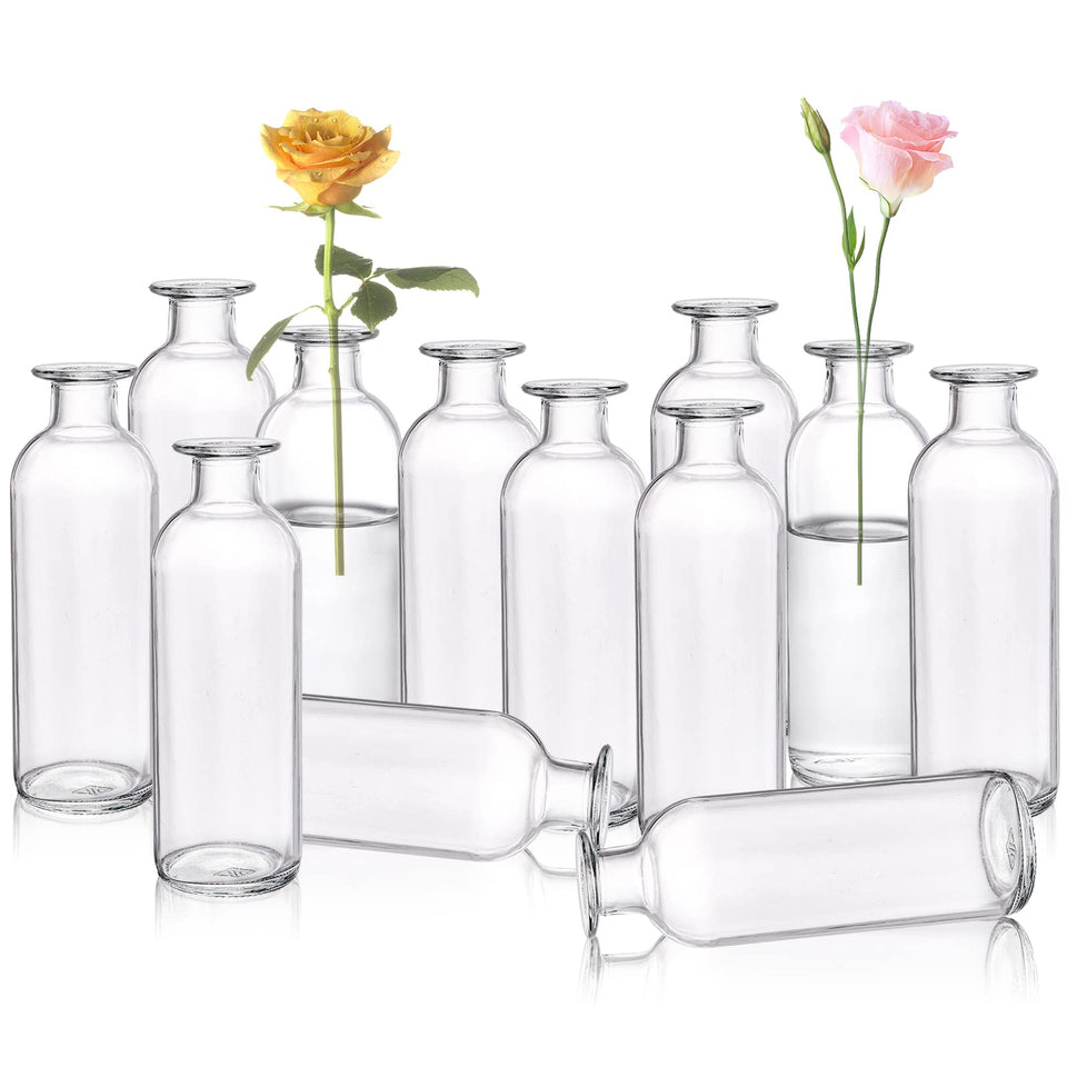 Peohud bud vase set of 12 in clear glass, front view for elegant table decor.