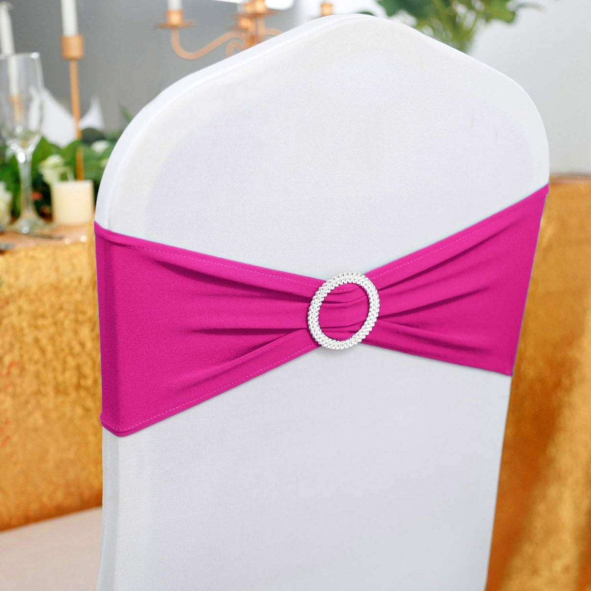 Peomeise fuchsia chair sash adds a bold color to celebrations.