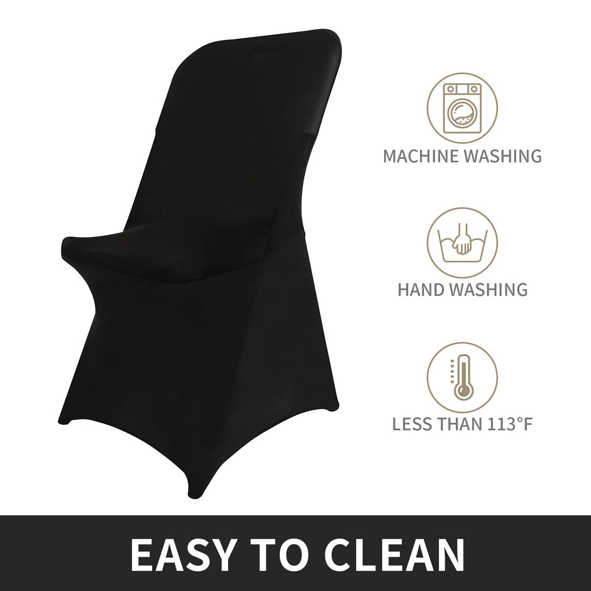 Peomeise stretch chair cover with elastic feet pockets securing chairs in banquet settings.