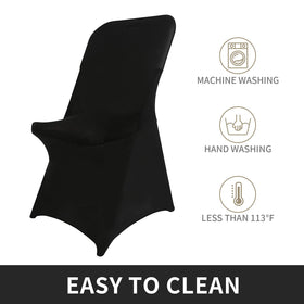 Peomeise stretch chair cover with elastic feet pockets securing chairs in banquet settings.