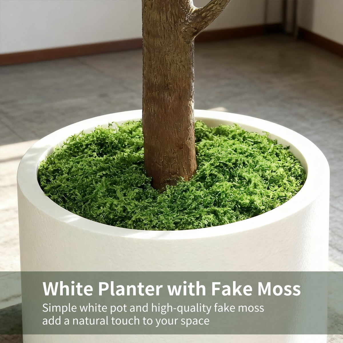 Wood-like trunk and moss base enhance authenticity in any room.
