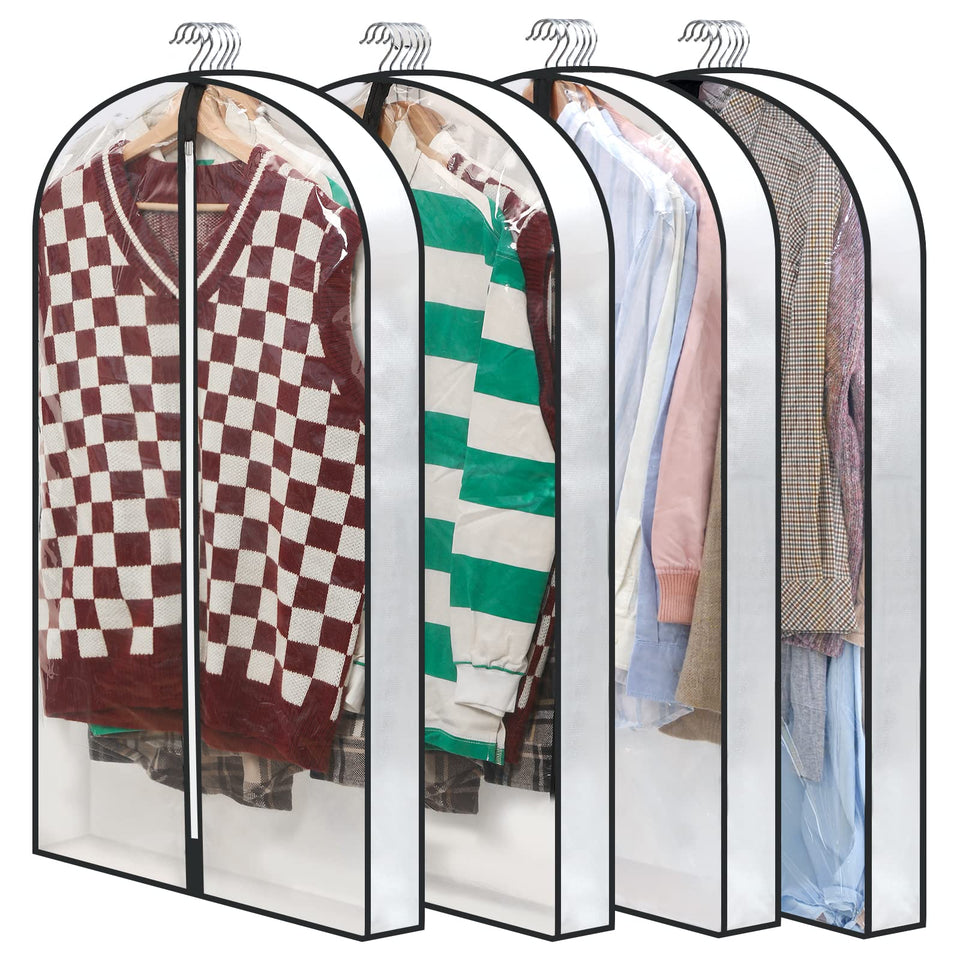 Perber 40-inch clear garment bag shows suits with extra gusset space for easy storage.