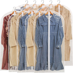 Perber All Clear garment bags protect hanging clothes in a closet with clear visibility