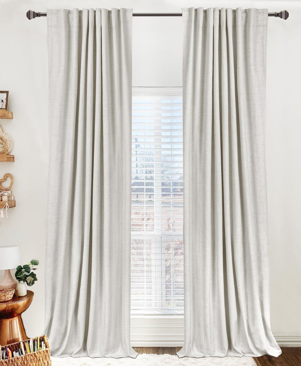 100% Blackout Shield linen curtains beige in a bedroom view blocking light for better sleep