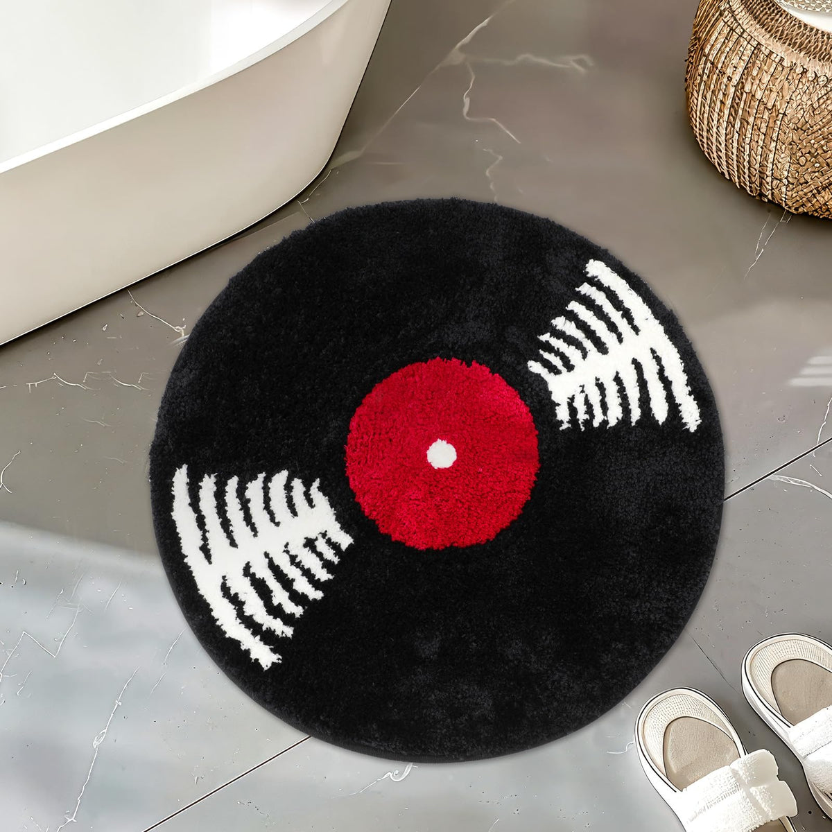 Percozzi vinyl record bath mat round rug in black and white for stylish bathroom comfort