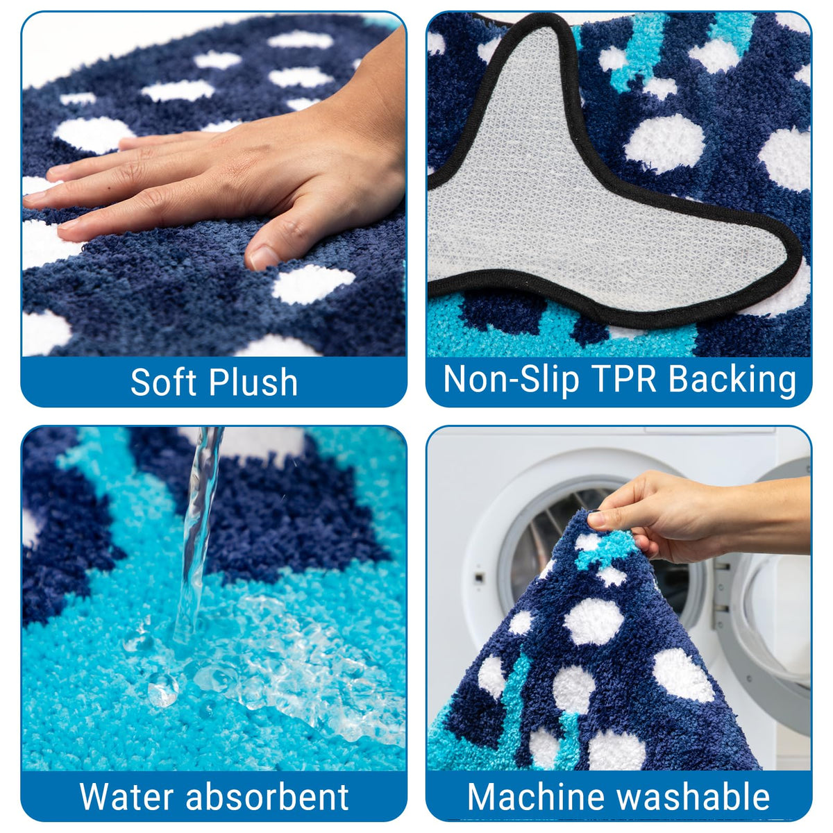 Percozzi Whale Shark bath rug close-up fabric highlights plush texture and soothing blue tones