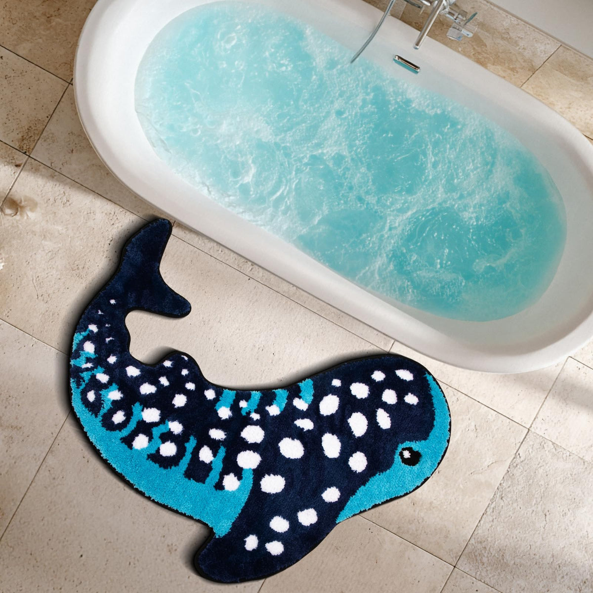 Percozzi Whale Shark bath rug curved tub fit demonstrates ideal sizing for compact layouts