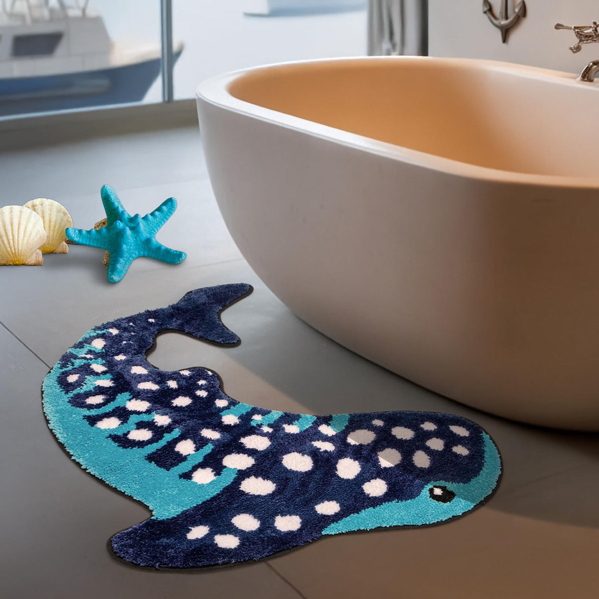 Percozzi Whale Shark bath rug in bathroom scene conveys cozy spa-like retreat after showers