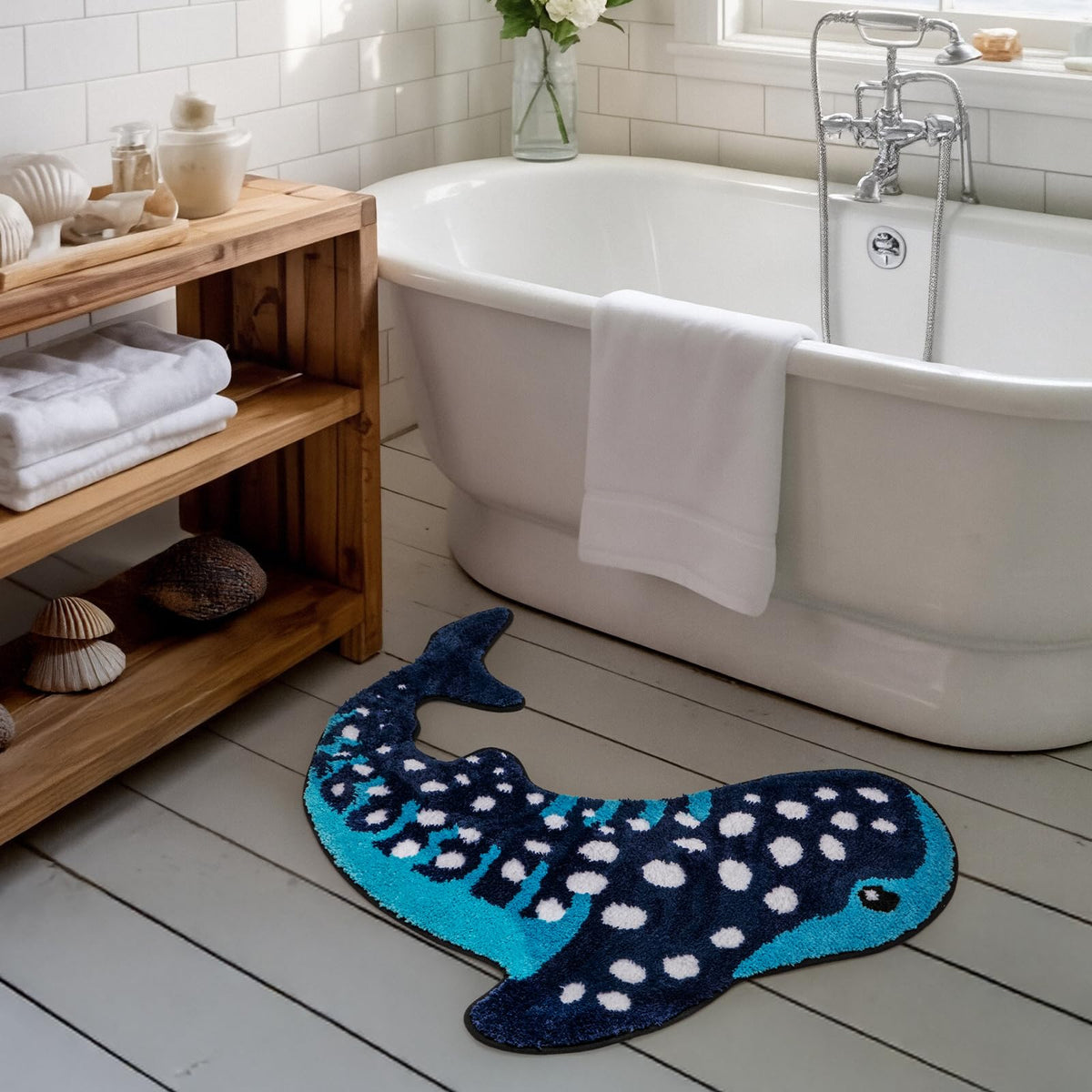 Percozzi Whale Shark bath rug non-slip backing ensures secure placement on wet bathroom floors