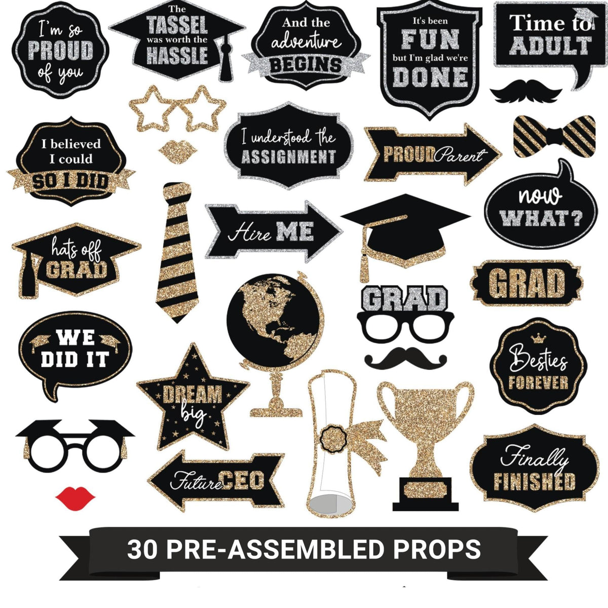 Perfect Occasion graduation prop set of 30 with glitter for photo booth fun.