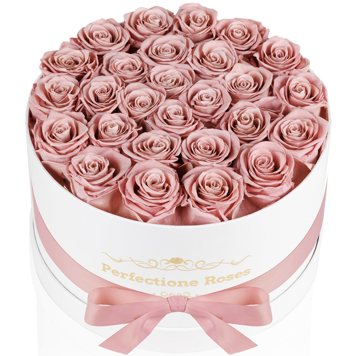 Perfectione Roses box cover displays 27 dusty rose preserved roses for elegant gifting.
