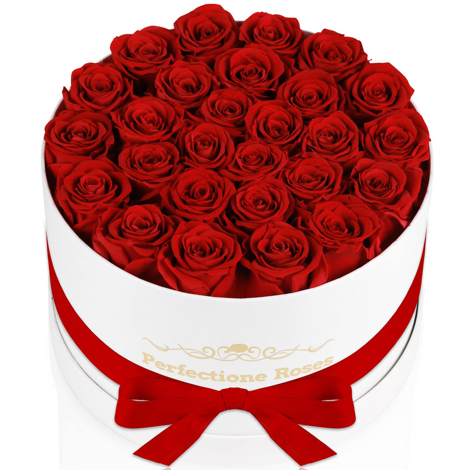 Perfectione Roses 27-rose box close-up showing premium preserved roses for lasting gifting