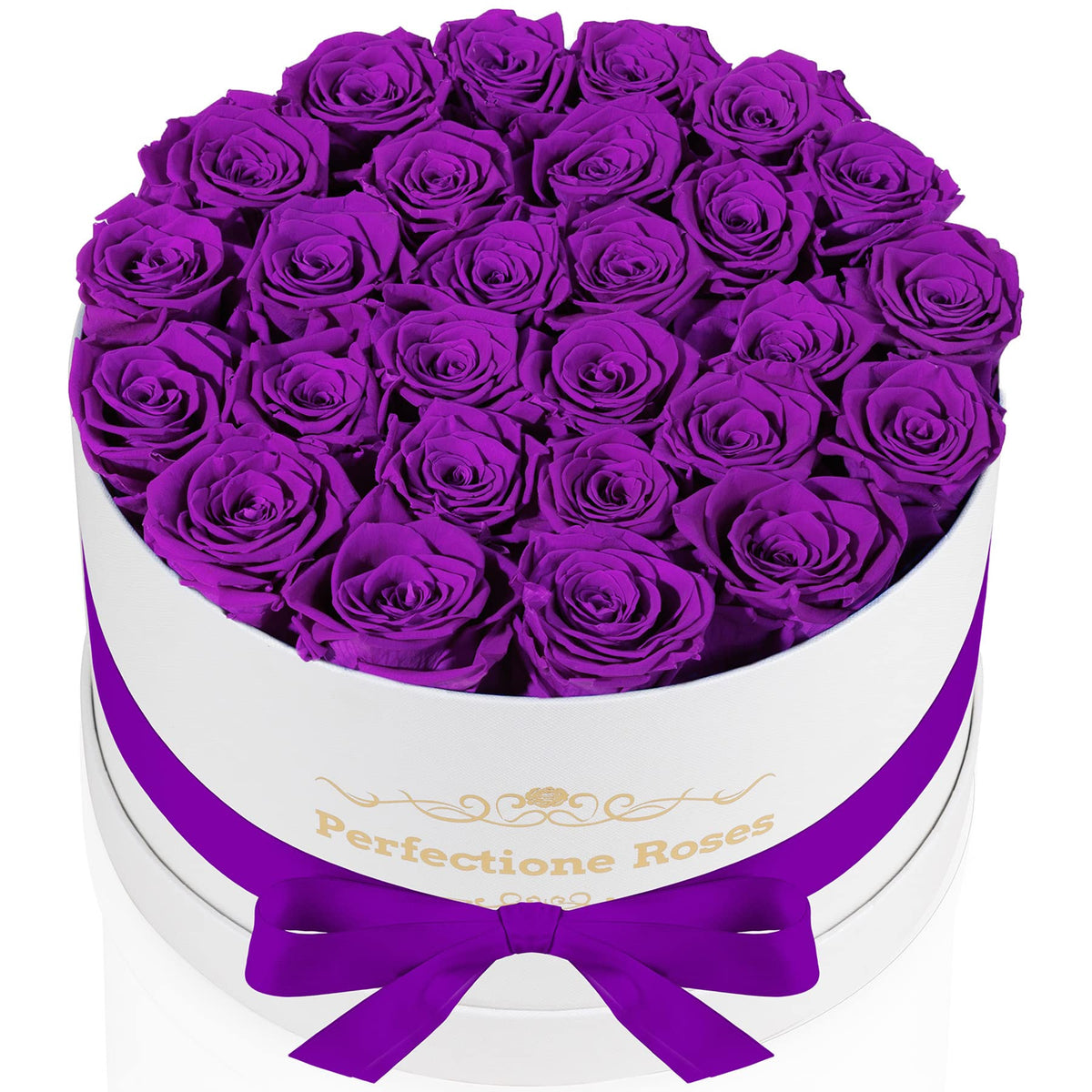 Perfectione Roses 27 roses in a round purple box, a lasting keepsake for special occasions.
