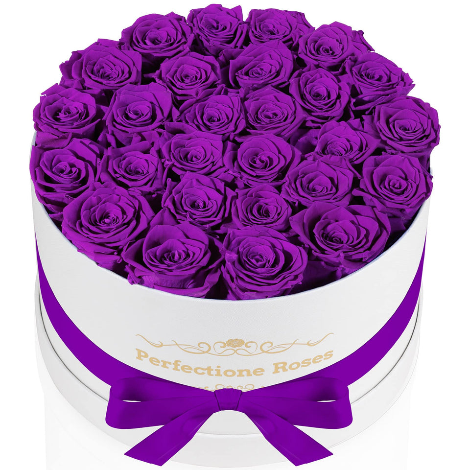 Perfectione Roses 27 roses in a round purple box, a lasting keepsake for special occasions.