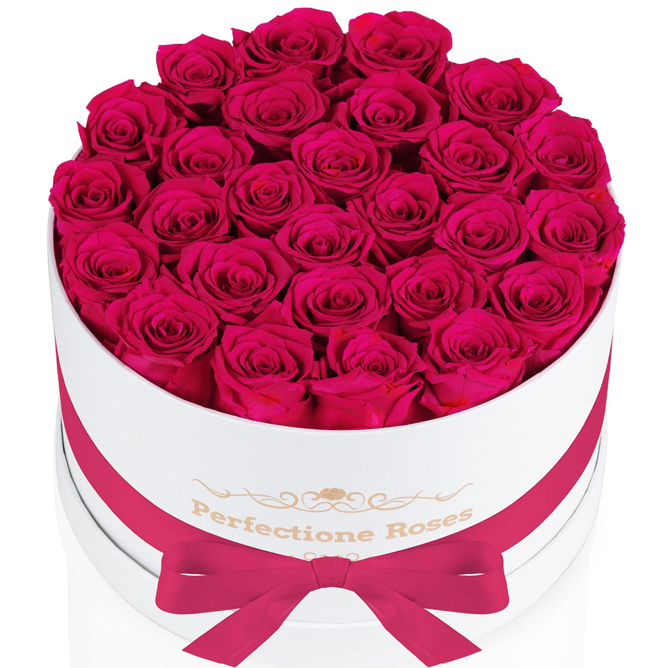 Perfectione Roses 27 preserved roses in a round box, ideal for gifting and lasting beauty.
