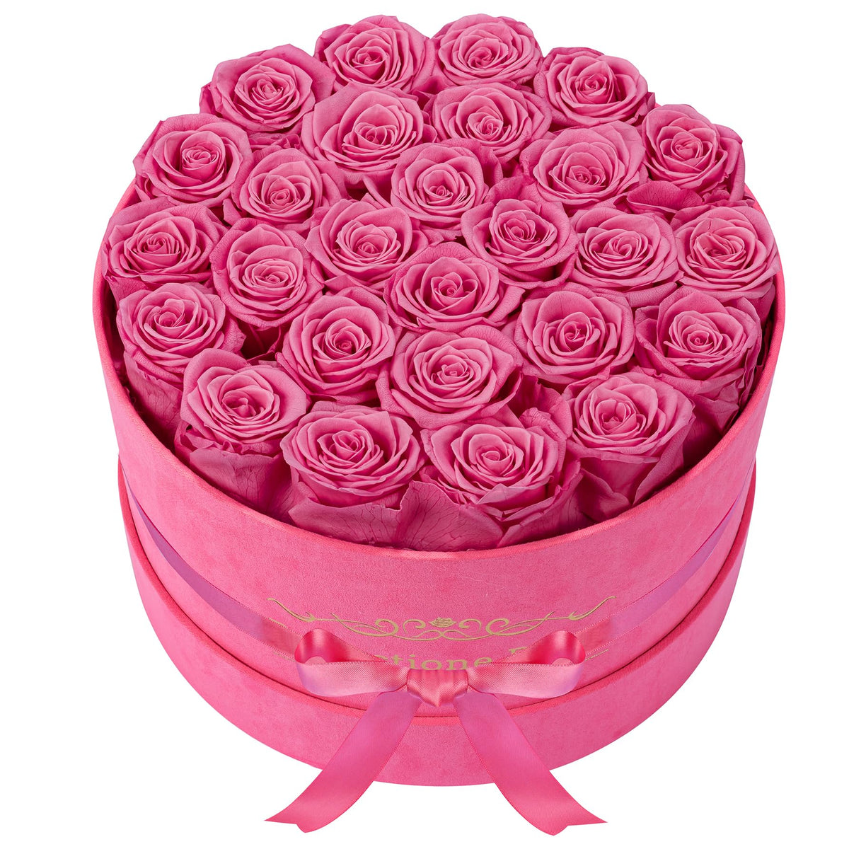 Perfectione Roses 27-rose round box with preserved blooms, ideal for gifting.