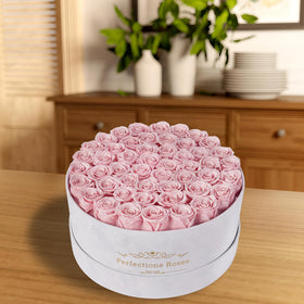 Perfectione Roses pink arrangement close-up highlighting preserved blooms for home styling