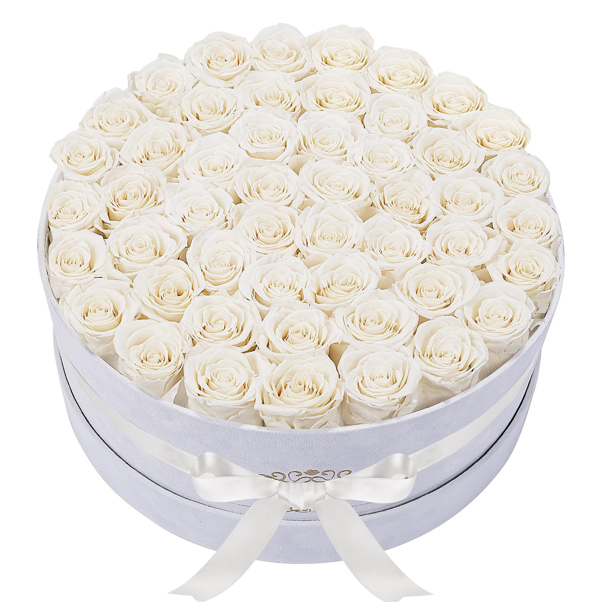 Perfectione Roses 50-piece velvet box closeup showing long-lasting color for elegant gifting.
