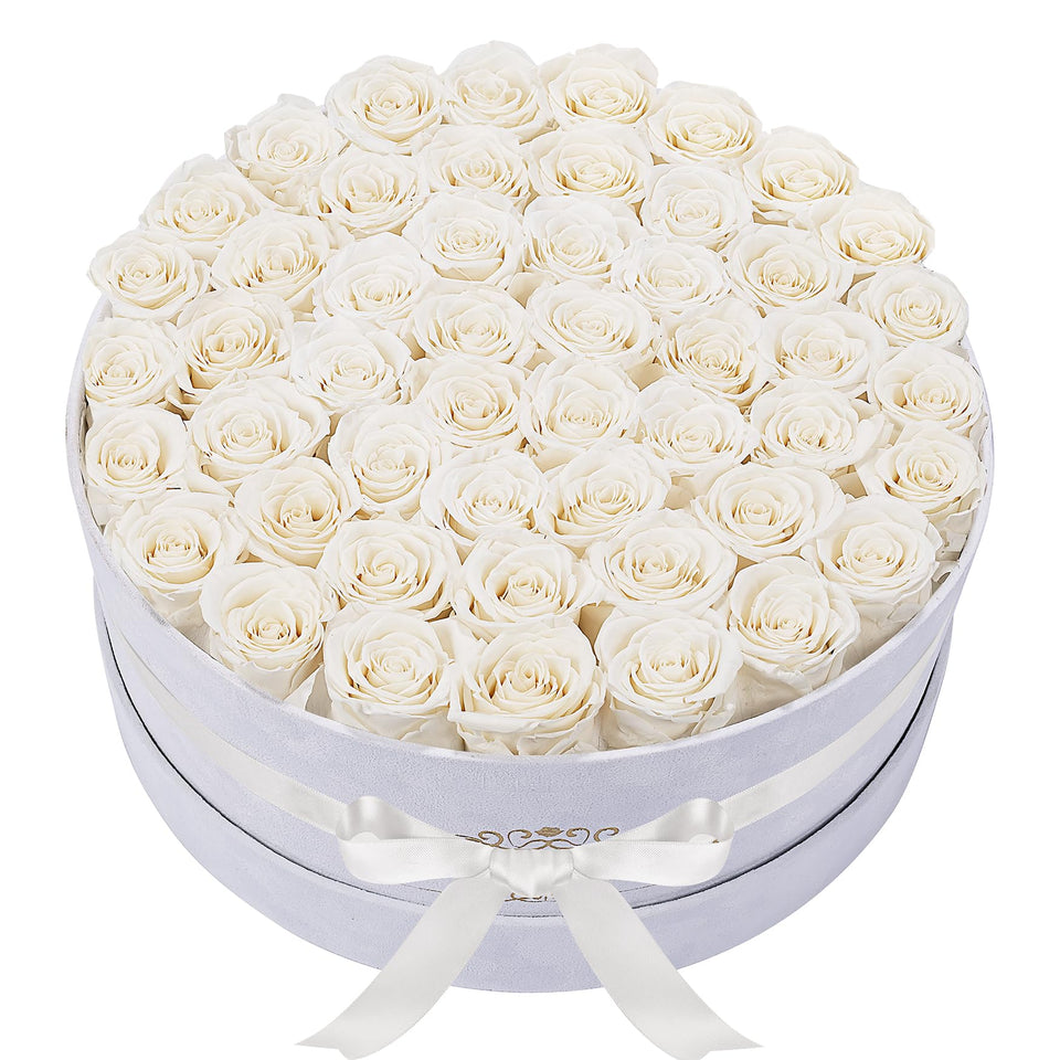 Perfectione Roses 50-piece velvet box closeup showing long-lasting color for elegant gifting.