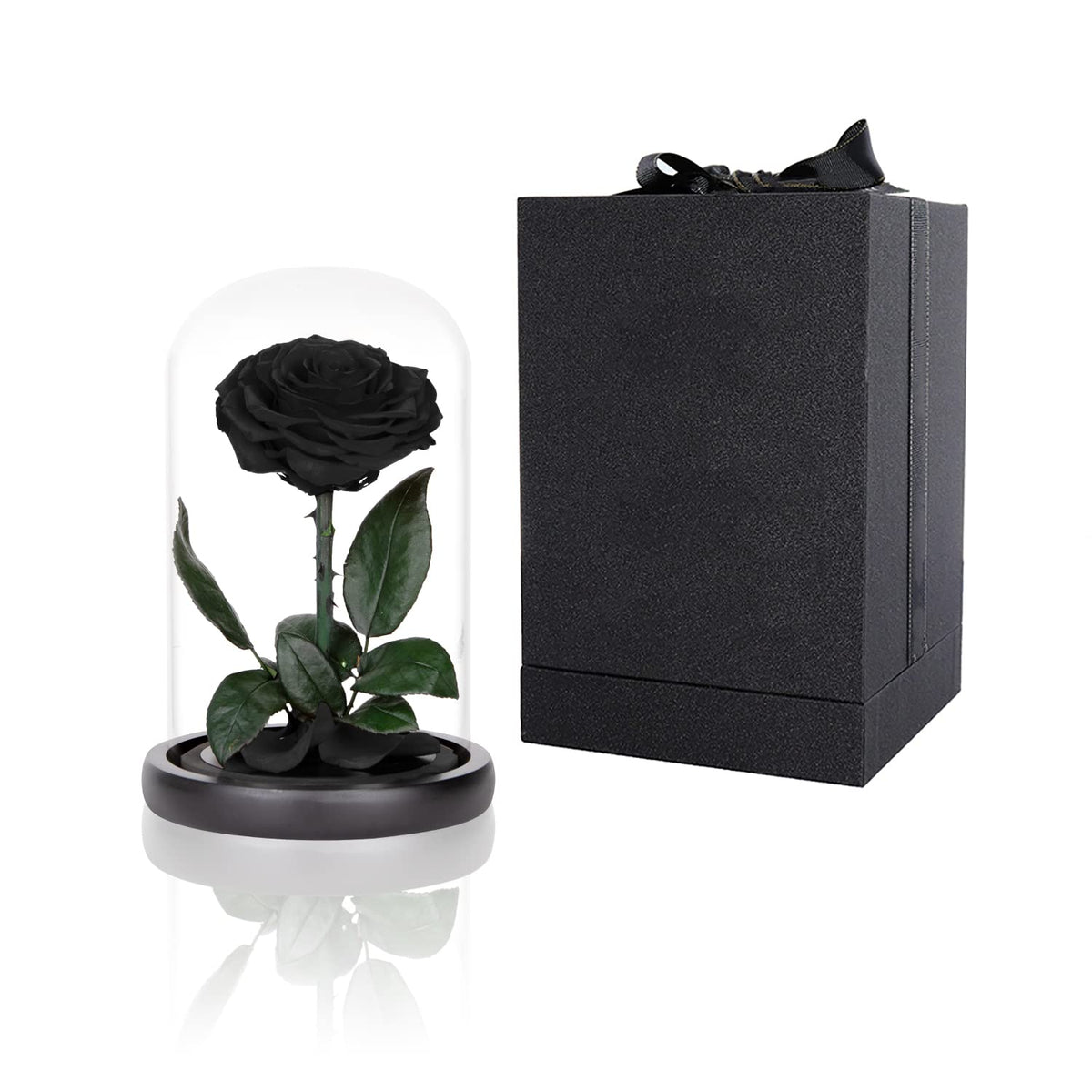 Perfectione Roses black rose under glass dome for elegant gifting.