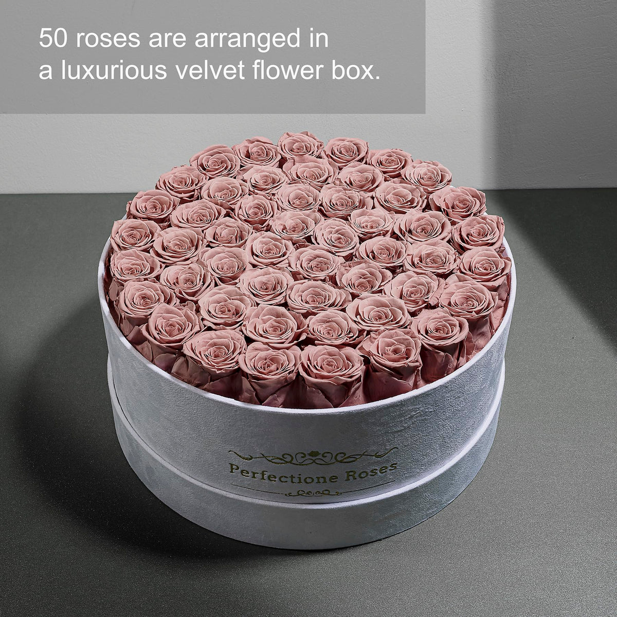 Perfectione Roses dusty rose preserved flowers closeup; vibrant color that endures.