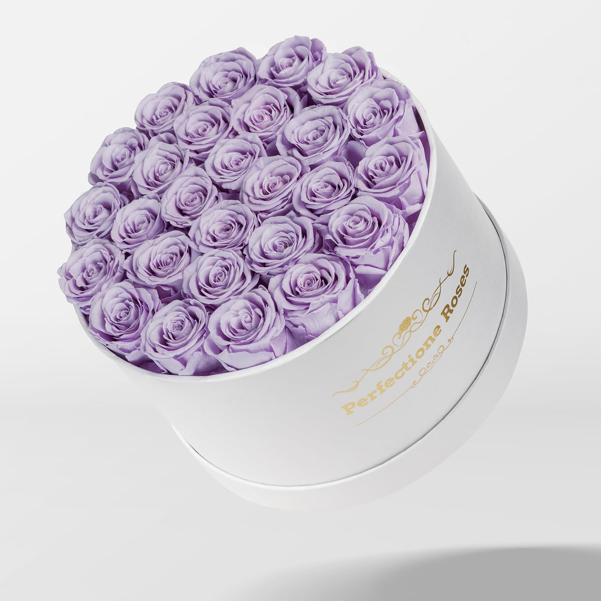 Elegant round box detail from Perfectione Roses highlighting premium presentation.