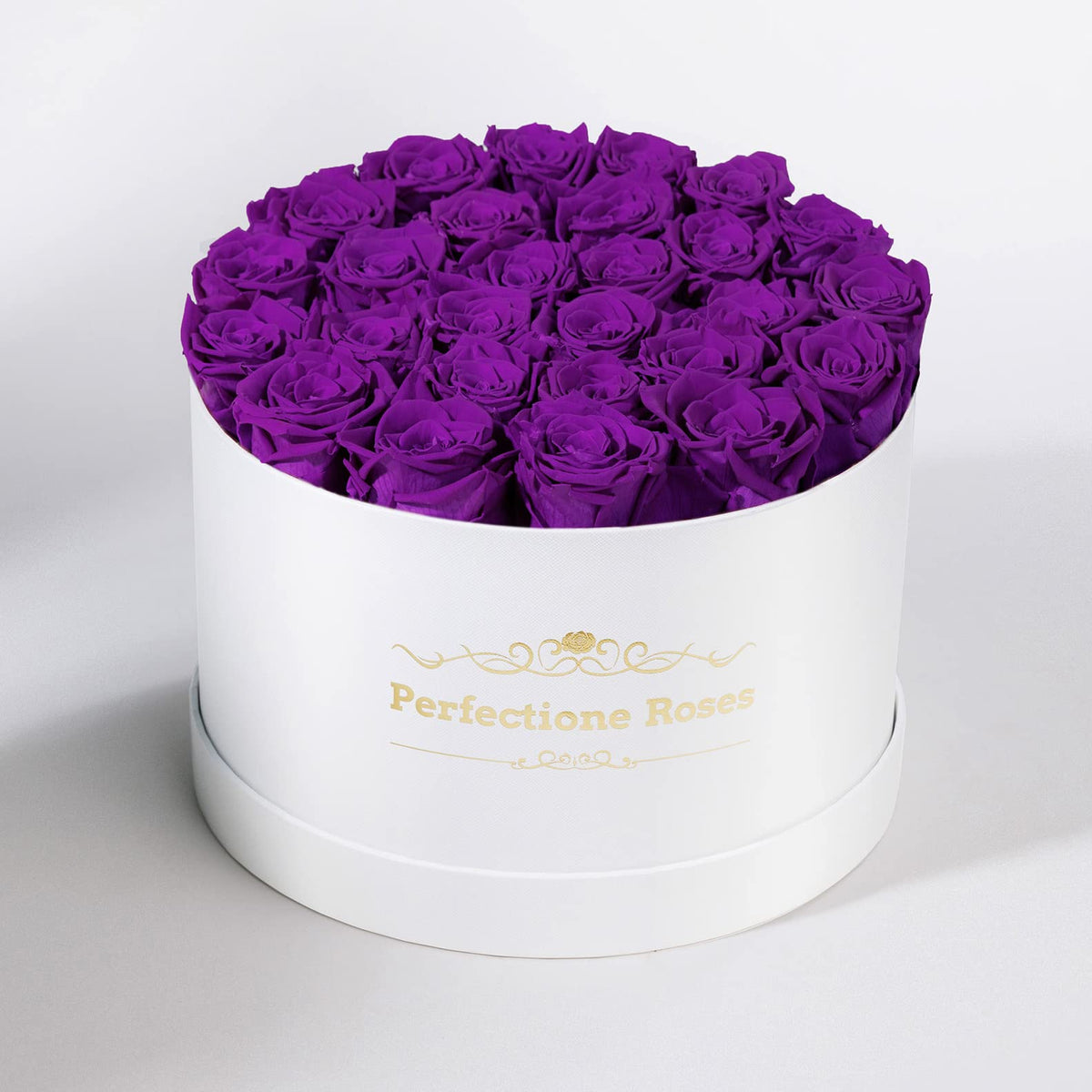 Perfectione Roses Mother’s Day purple round box, an elegant gift option.
