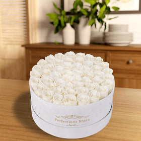 Perfectione Roses preserved flowers in velvet box showcasing enduring charm for home decor.