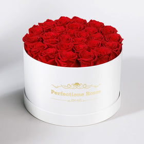 Perfectione Roses round box design highlighting 27 roses in a luxurious package