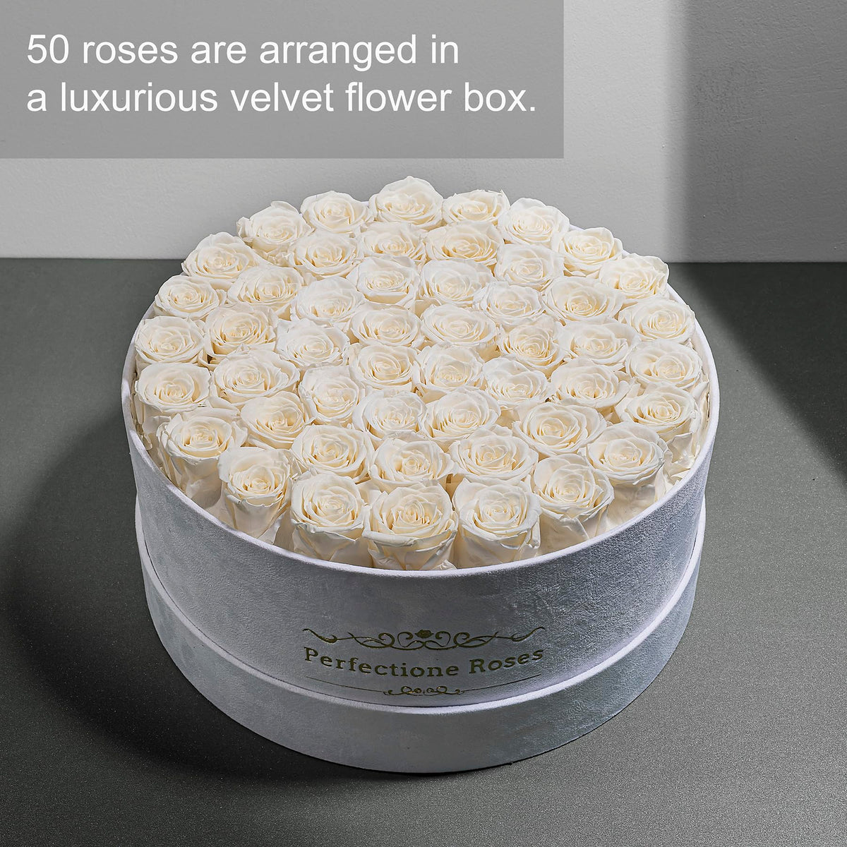 Perfectione Roses velvet box gift-set display highlighting premium preserved petals.