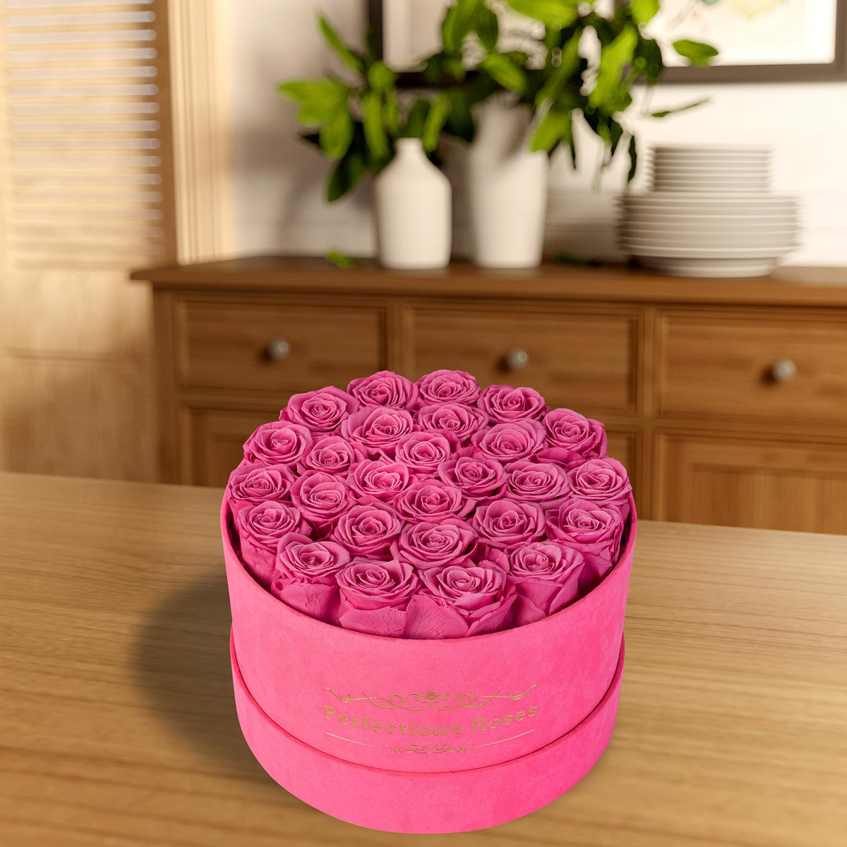 Perfectione Roses velvet pink box close-up showing premium preserved roses.