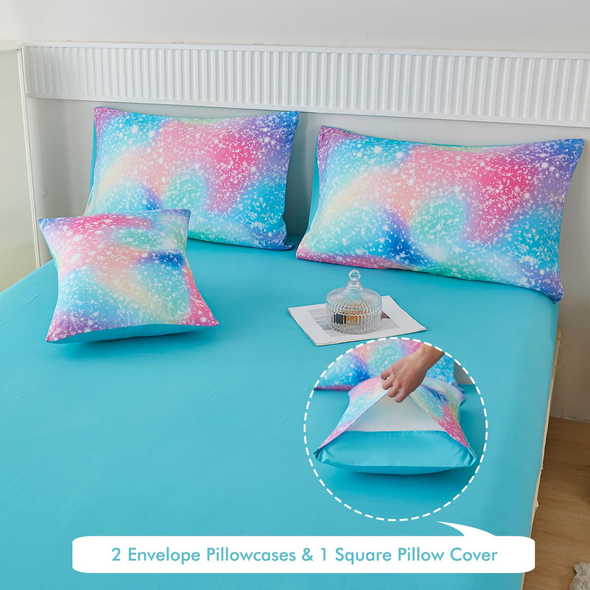 Perfemet decorative pillow 18x18 with rainbow accents.
