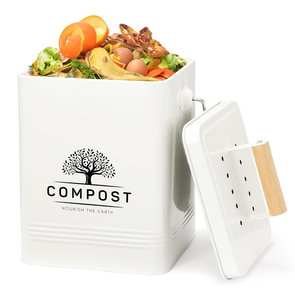 PERFNIQUE kitchen compost bin with cream lid on counter for odor control.