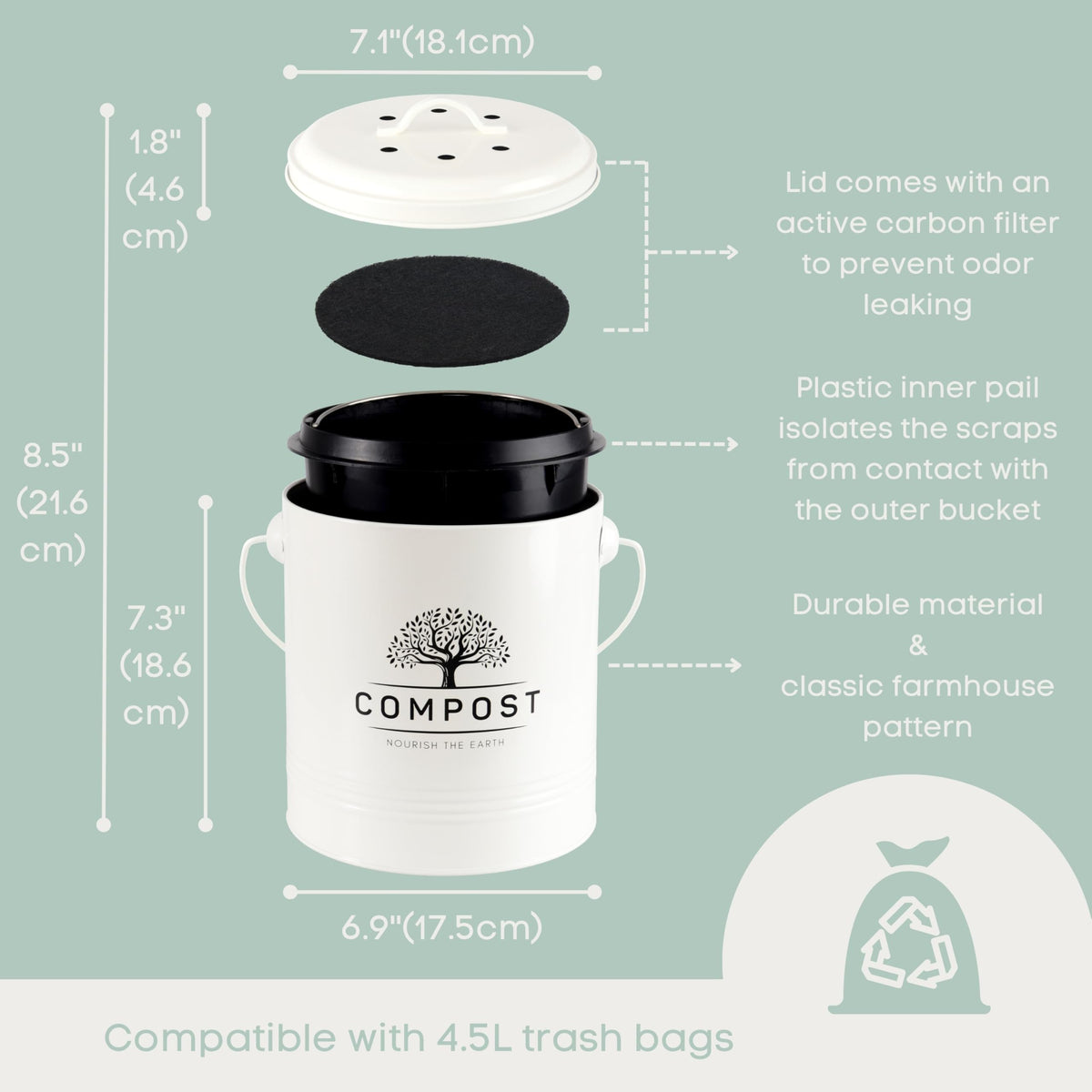 Perfnique inner pail with handle for easy scrap disposal.