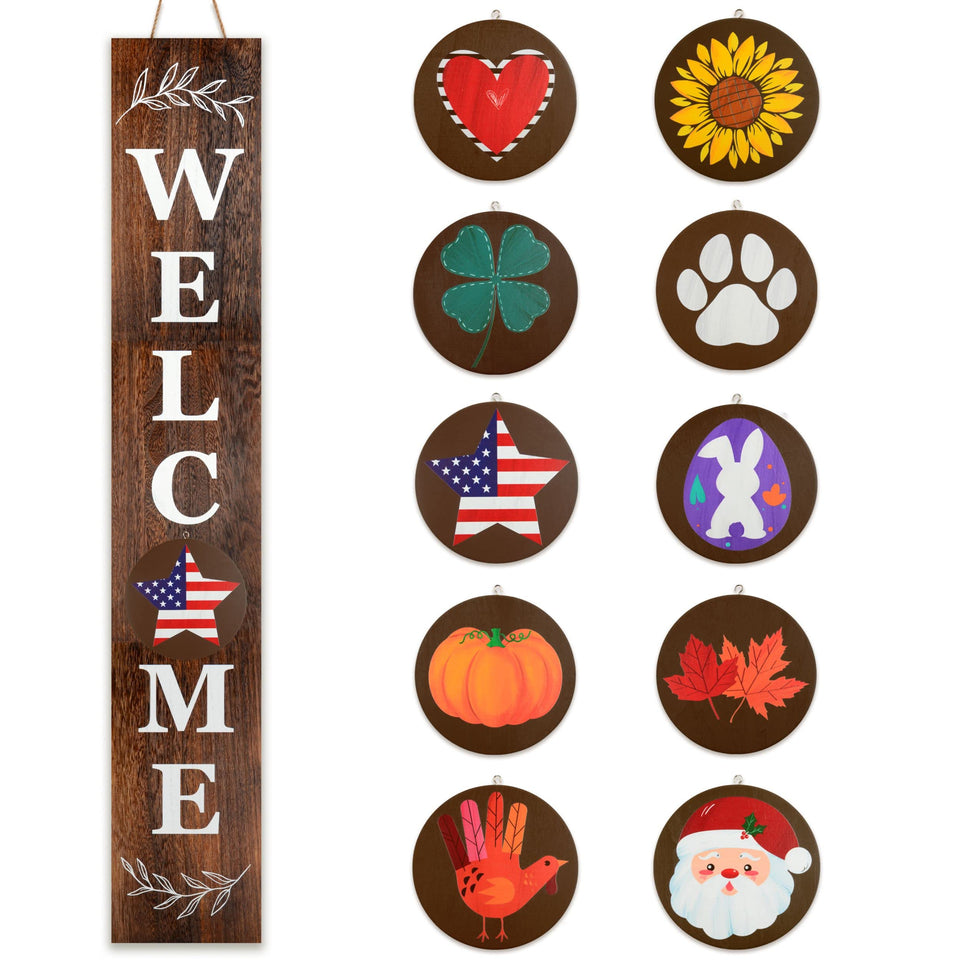 Perfnique welcome sign on a front porch with interchangeable icons for seasonal updates.