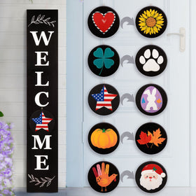 Perfnique welcome sign on a porch with a sturdy wooden leaner for farmhouse charm.